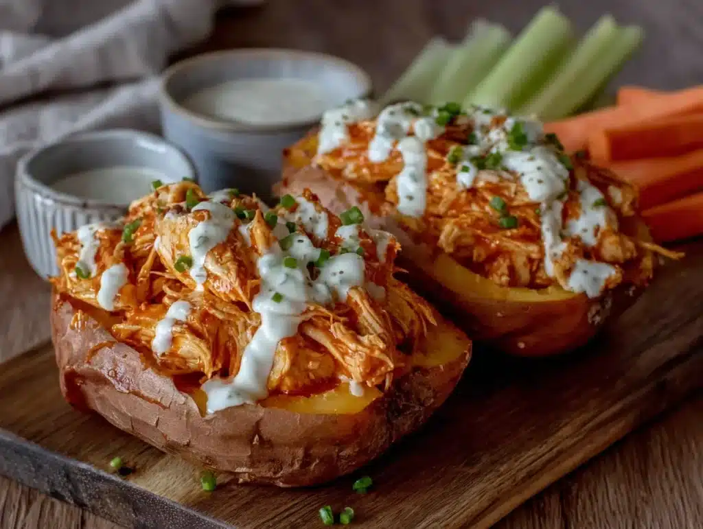 buffalo chicken stuffed sweet potatoes - featured image