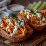 buffalo chicken stuffed sweet potatoes - featured image