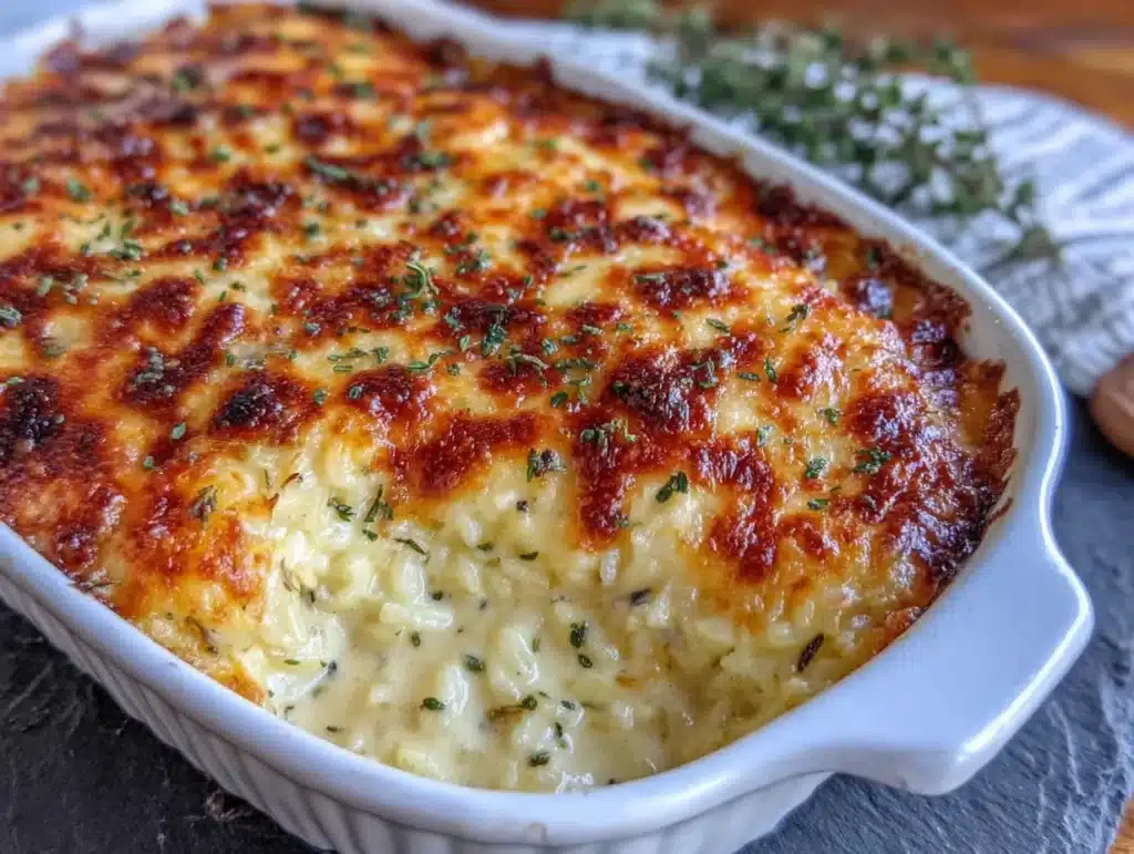 creamy cheesy chicken and wild rice casserole - featured image