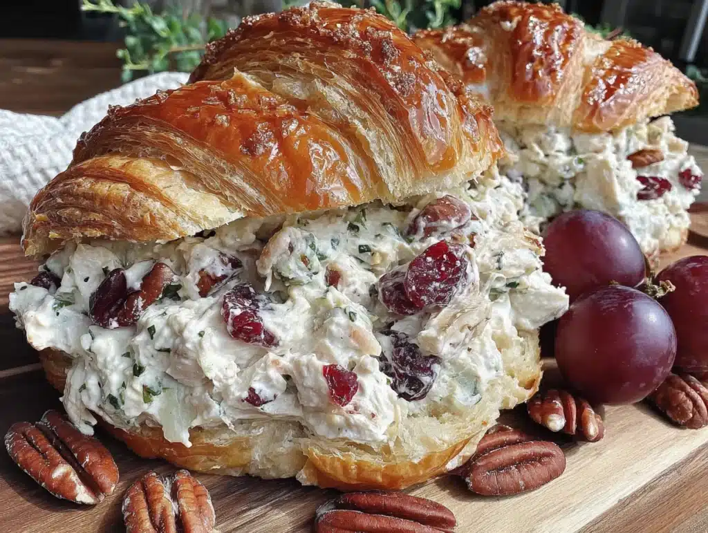 creamy grape and pecan chicken salad croissant sandwich - featured image