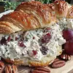 creamy grape and pecan chicken salad croissant sandwich - featured image