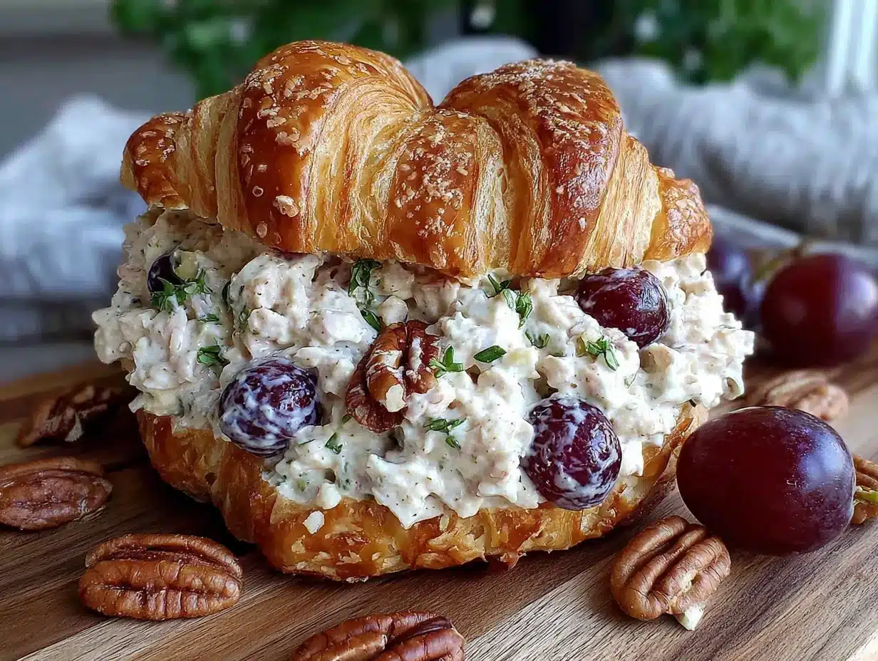 creamy grape and pecan chicken salad croissant sandwich preparation steps