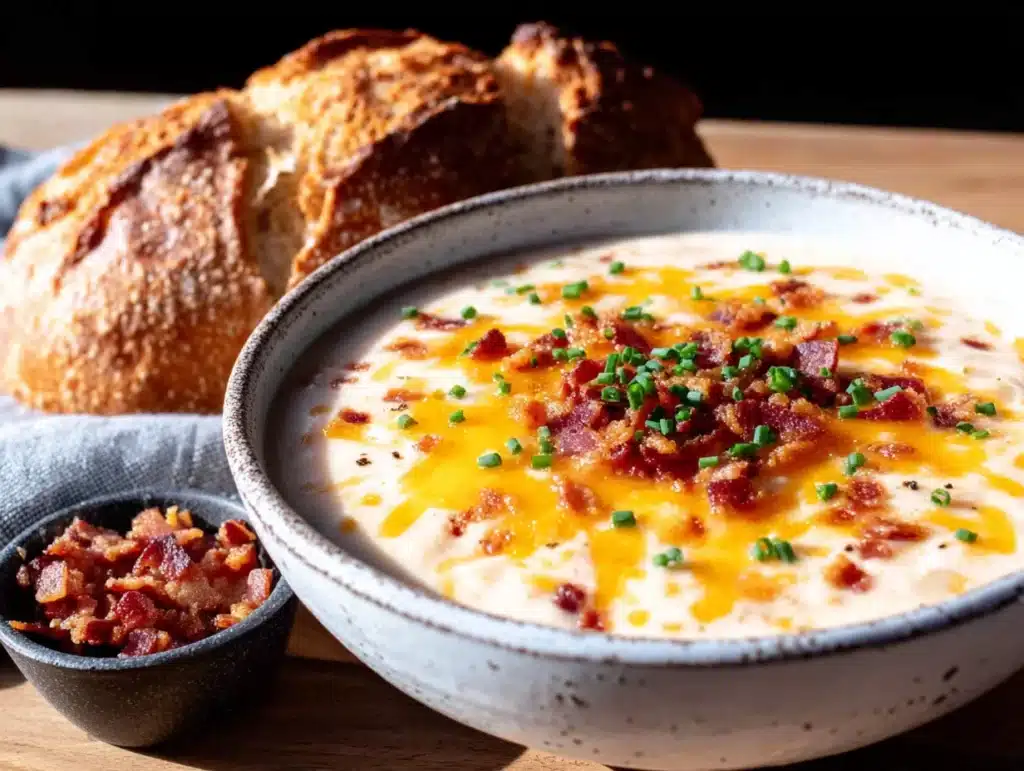 creamy loaded baked potato soup with bacon - featured image