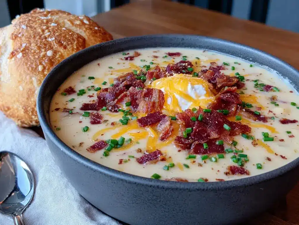 creamy loaded potato soup with crispy bacon - featured image