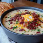 creamy loaded potato soup with crispy bacon - featured image