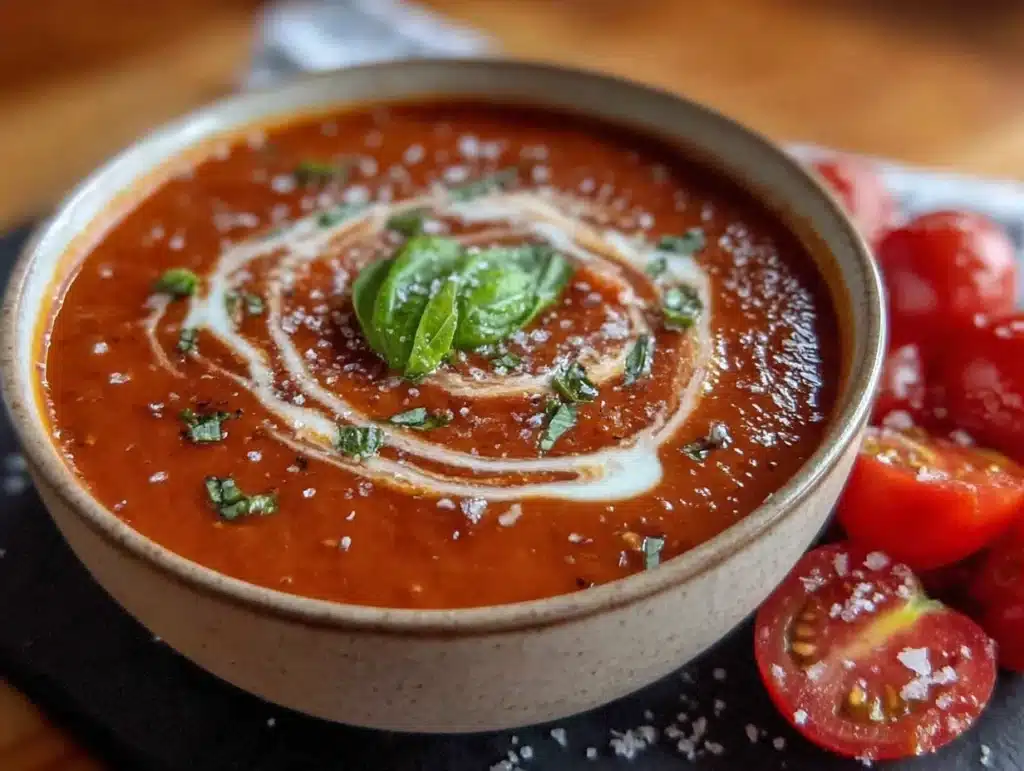 creamy tomato basil soup with fresh tomatoes - featured image