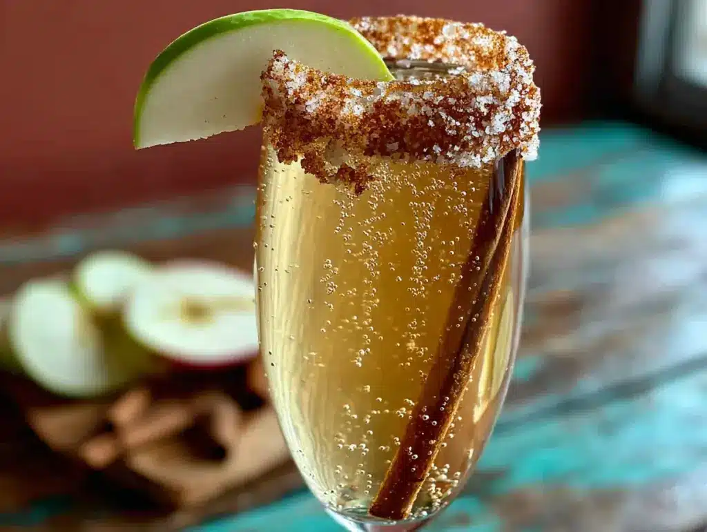 easy apple cider mimosa with cinnamon sugar rim - featured image