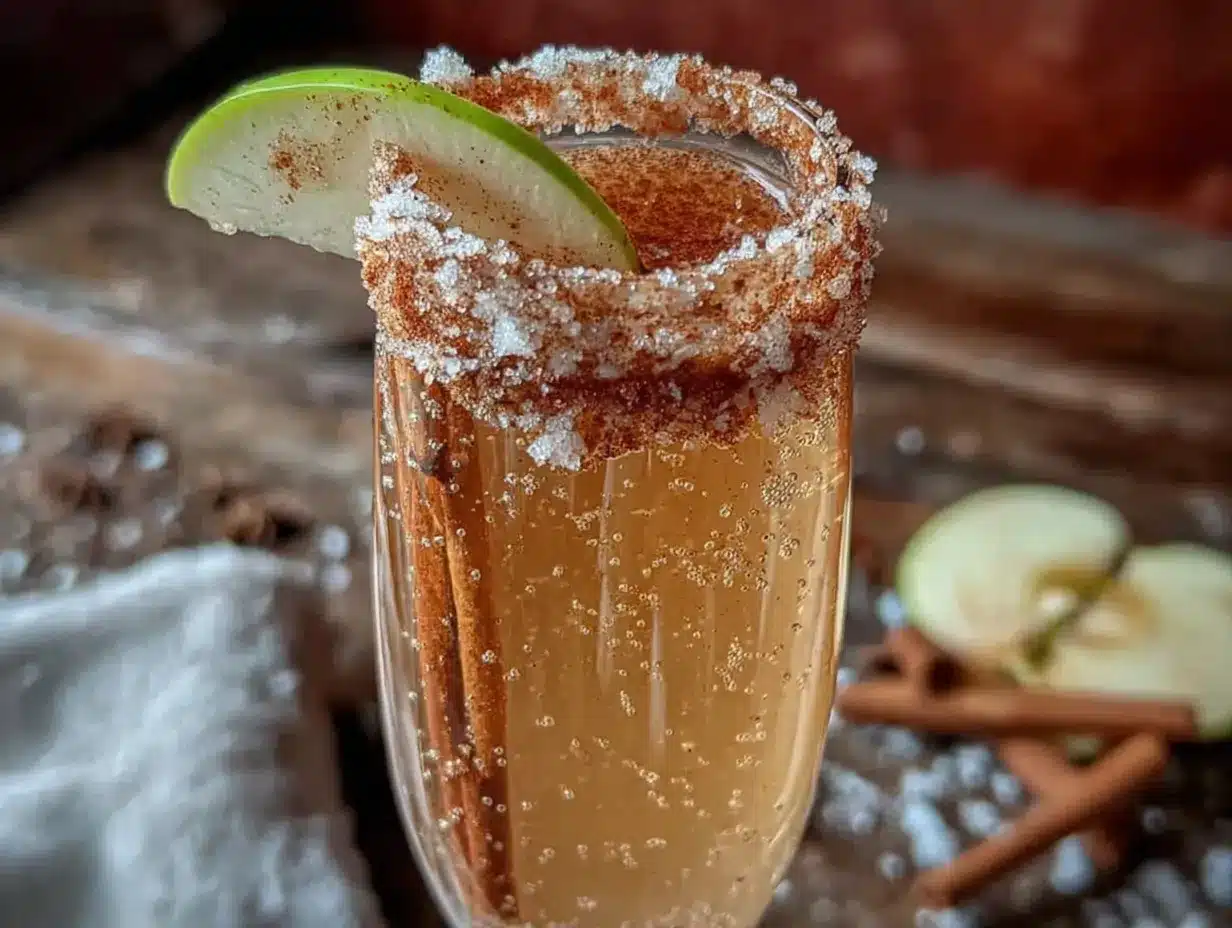 easy apple cider mimosa with cinnamon sugar rim preparation steps