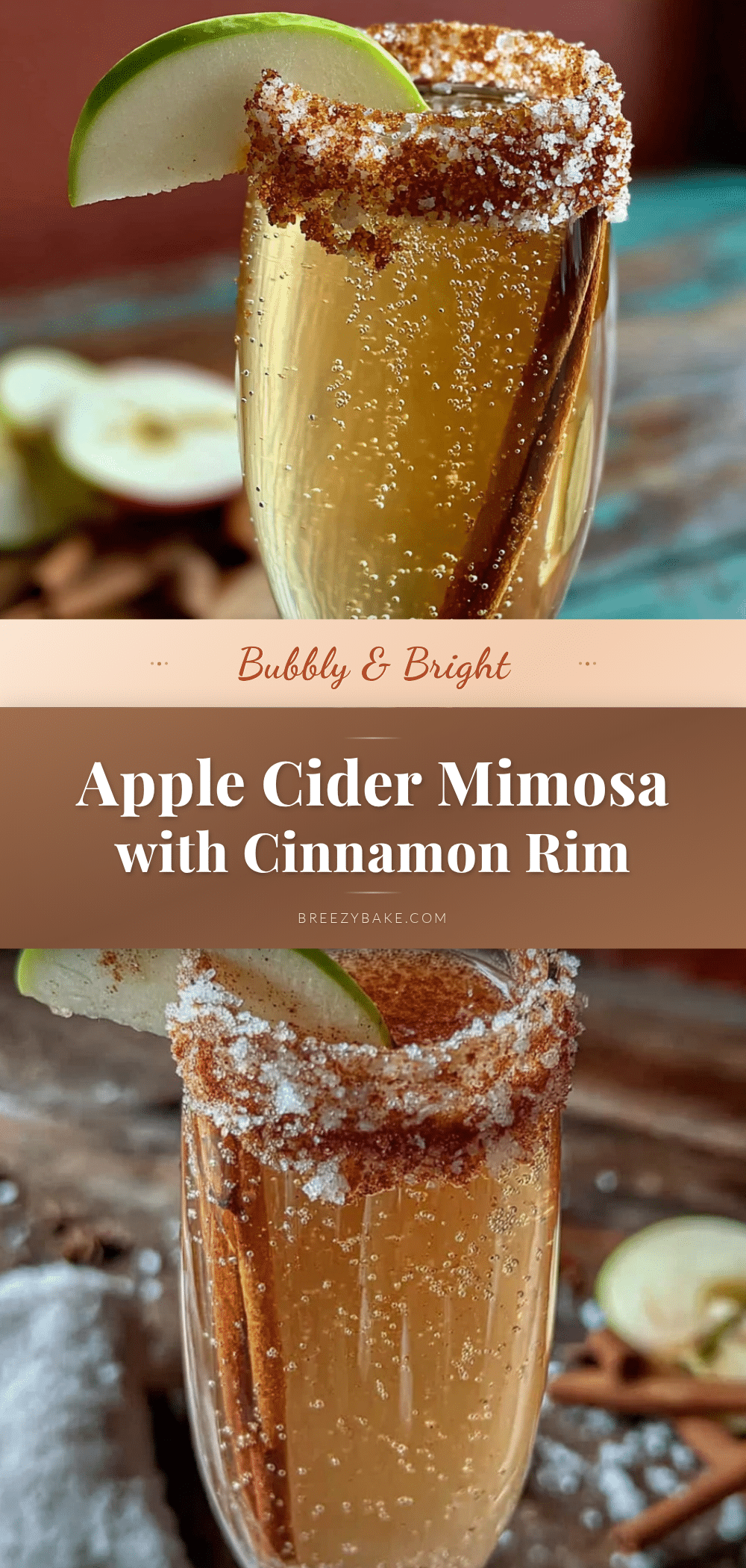 easy apple cider mimosa with cinnamon sugar rim recipe