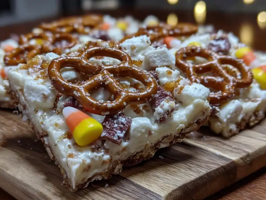 easy candy corn bark with pretzels - featured image