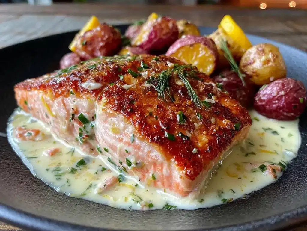 easy sheet pan salmon with lemon dill sauce - featured image