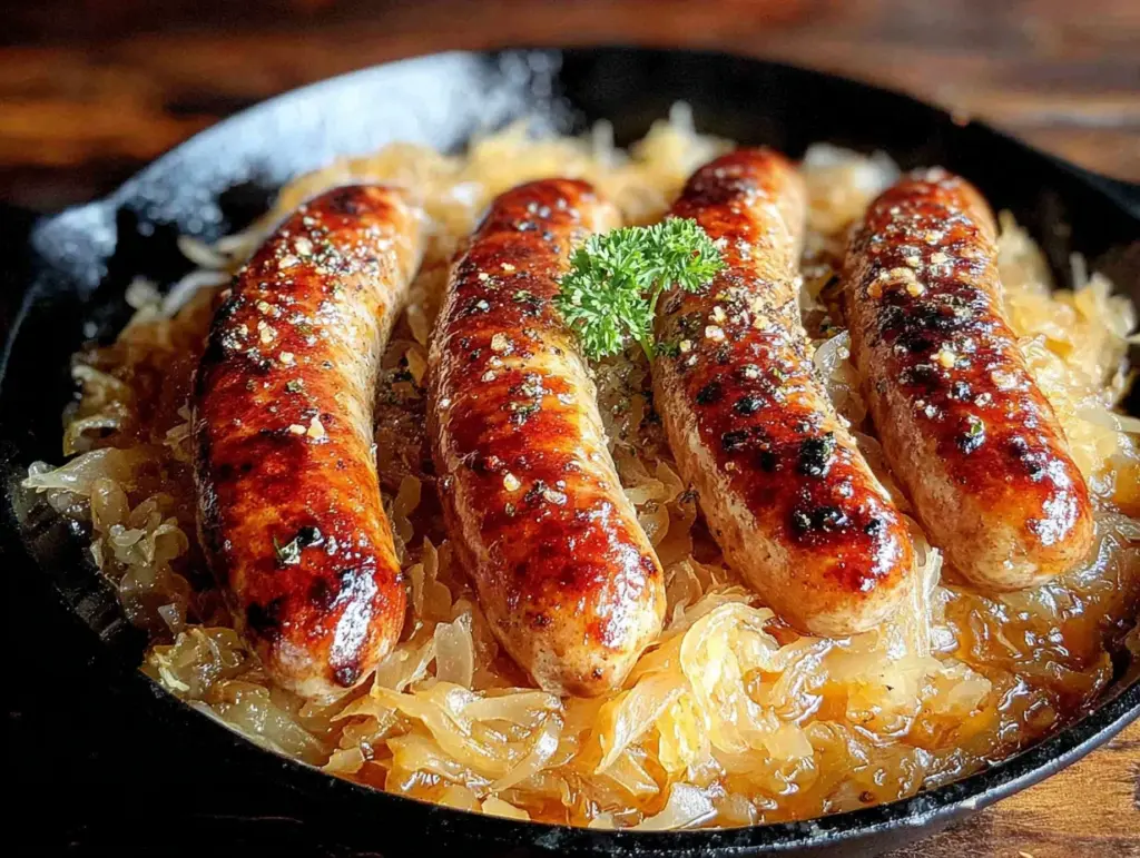 German bratwurst skillet with sauerkraut - featured image