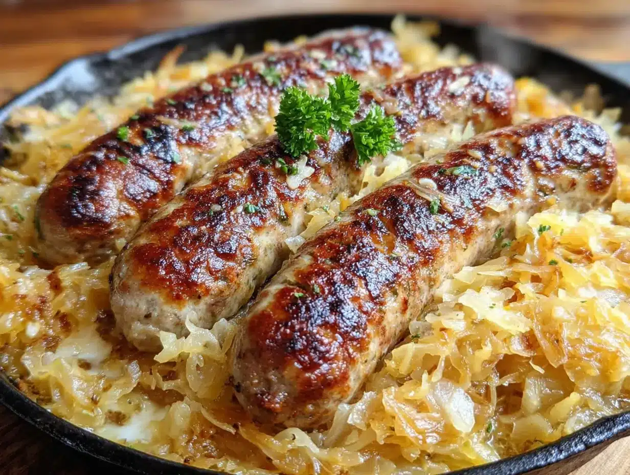 German bratwurst skillet with sauerkraut preparation steps