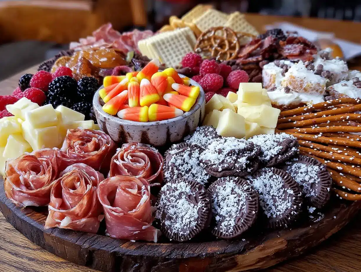 Halloween charcuterie board with candy corn accents preparation steps