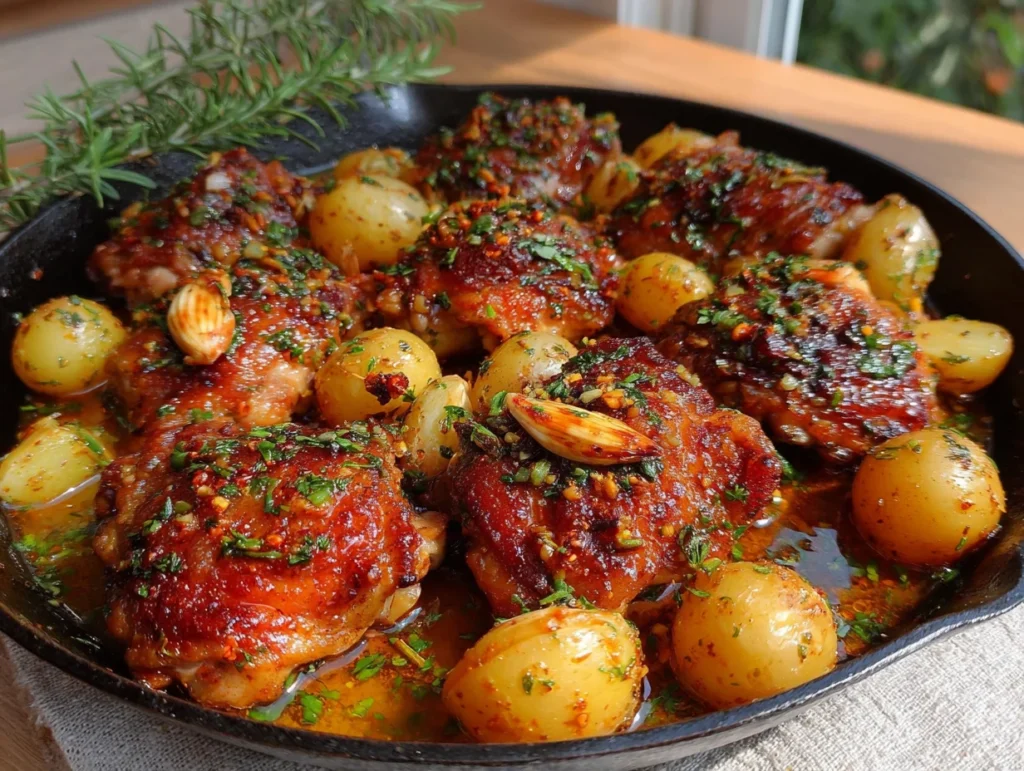 one-pan garlic butter chicken thighs and potatoes - featured image