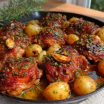 one-pan garlic butter chicken thighs and potatoes - featured image