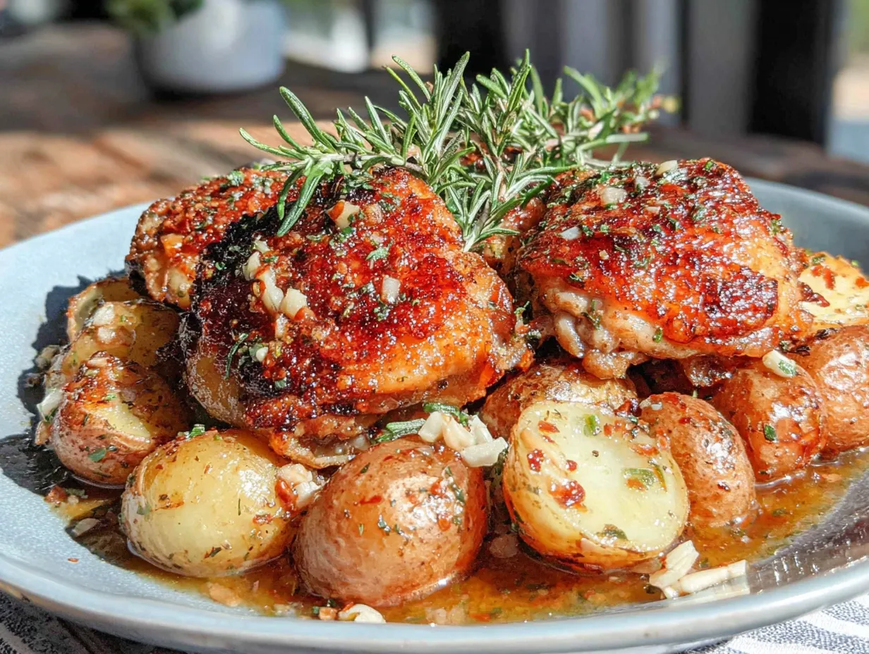 one-pan garlic butter chicken thighs and potatoes preparation steps