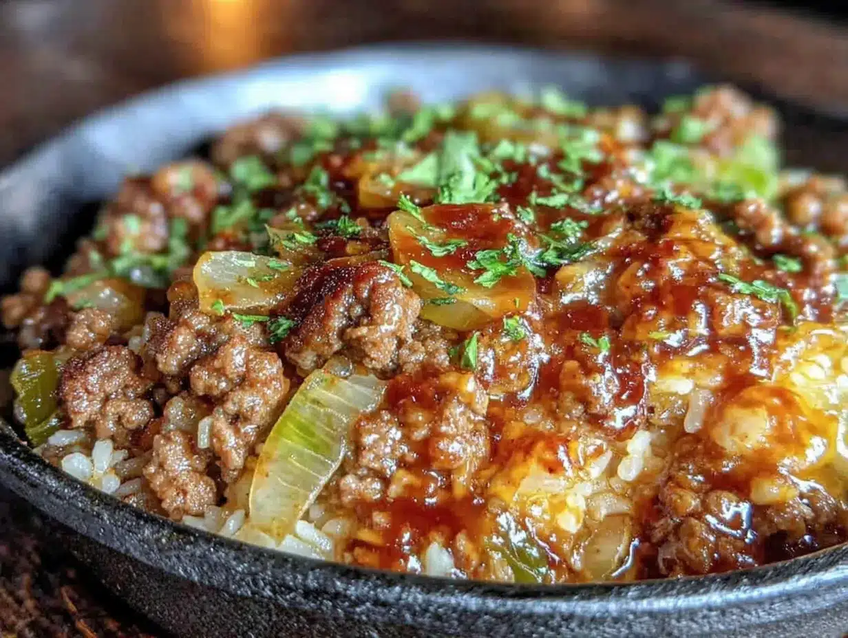 one-pan ground beef and rice skillet preparation steps