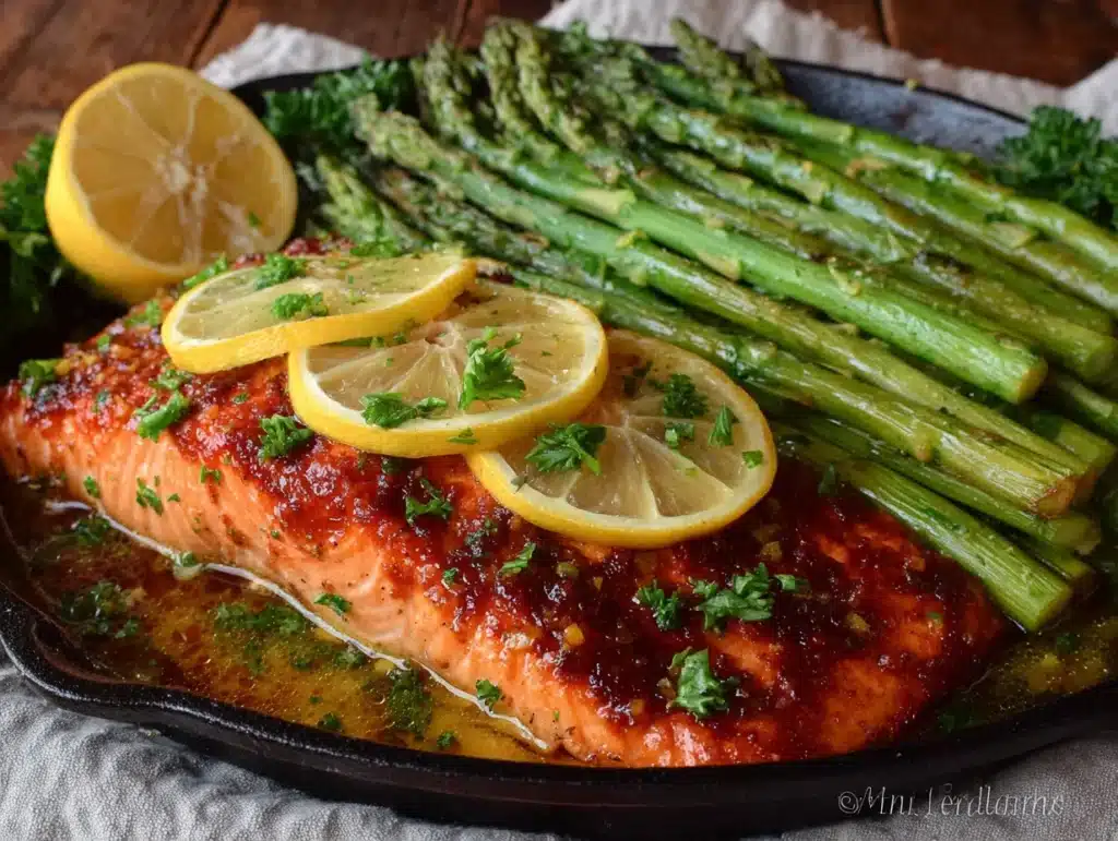 one-pan lemon garlic butter salmon and asparagus - featured image