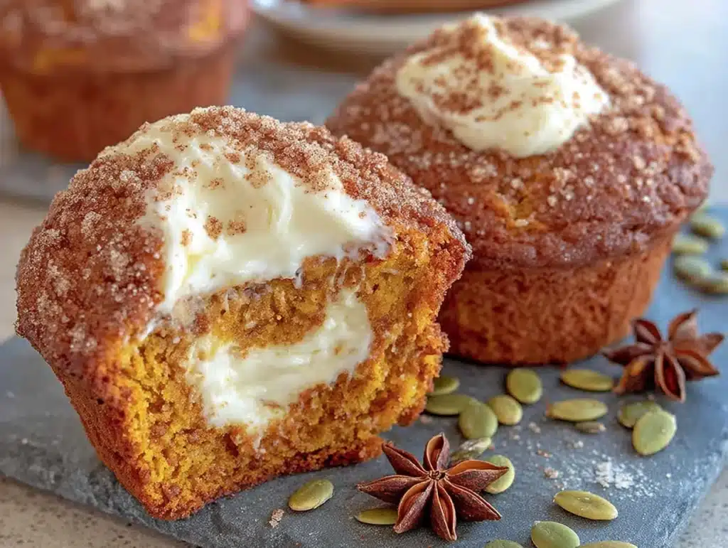 pumpkin muffins with cream cheese filling - featured image