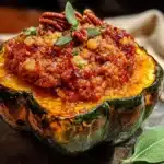 stuffed acorn squash with sausage and apples - featured image