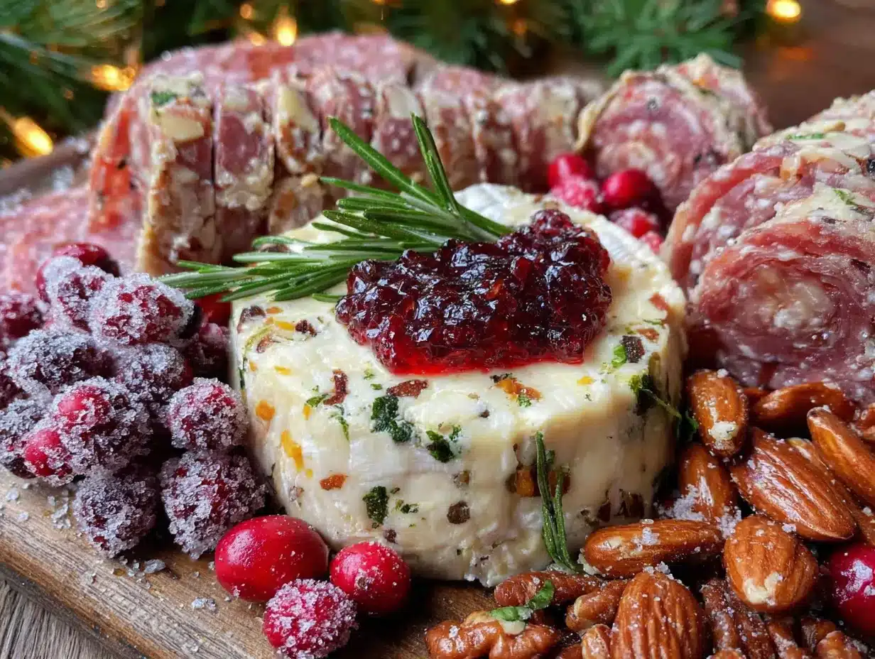 Christmas charcuterie board with cranberries and rosemary preparation steps