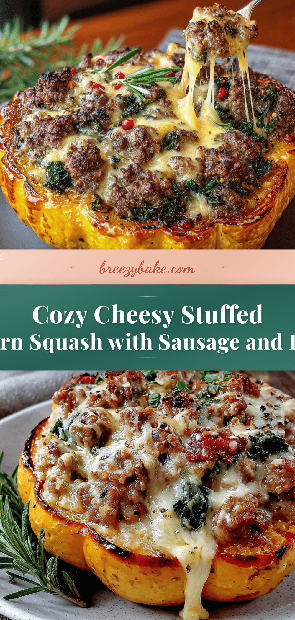 cozy cheesy stuffed acorn squash with sausage and kale recipe
