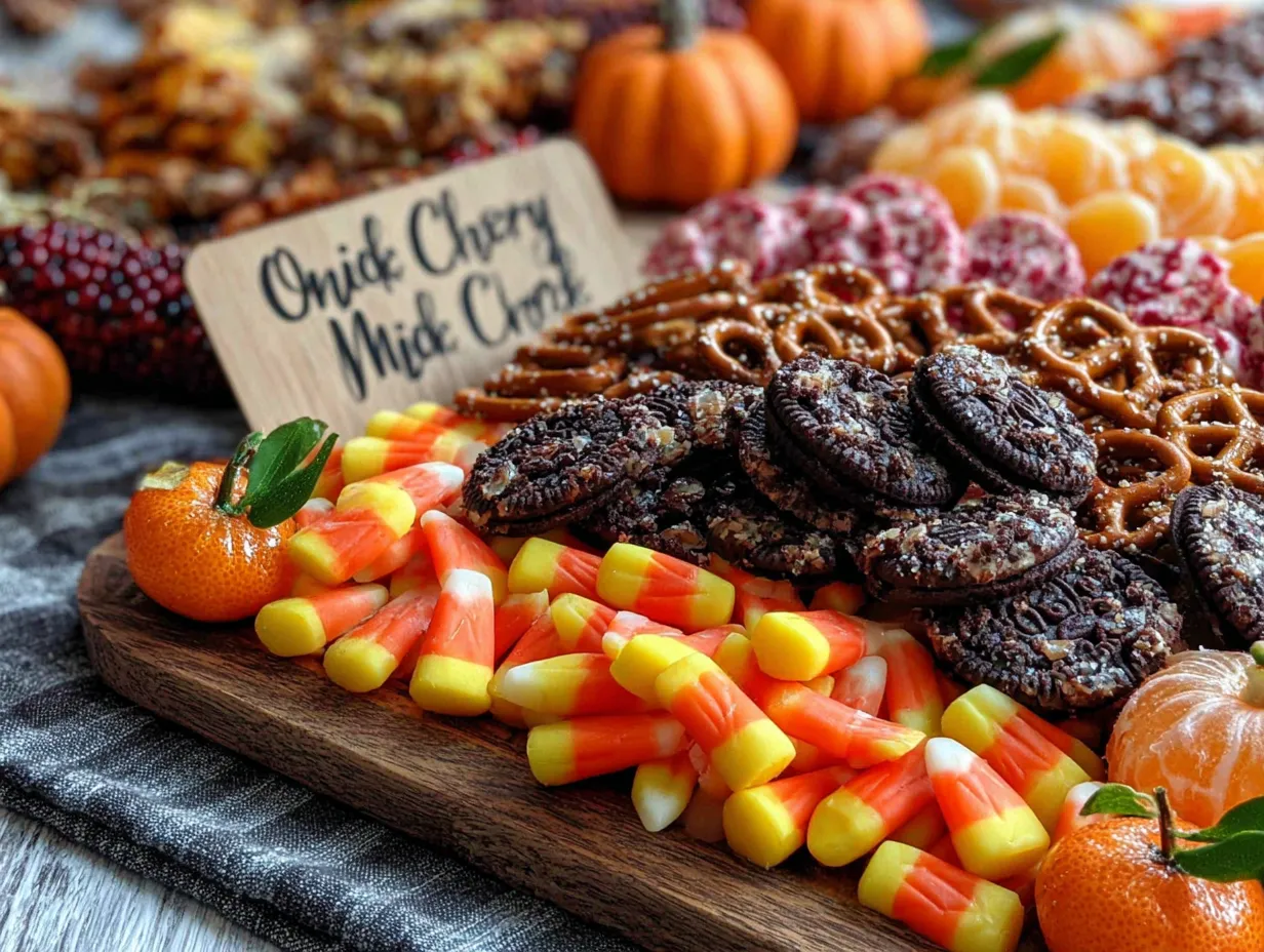 cozy Halloween charcuterie board with candy corn preparation steps