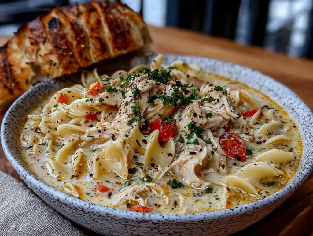 creamy chicken noodle soup with rotisserie chicken - featured image
