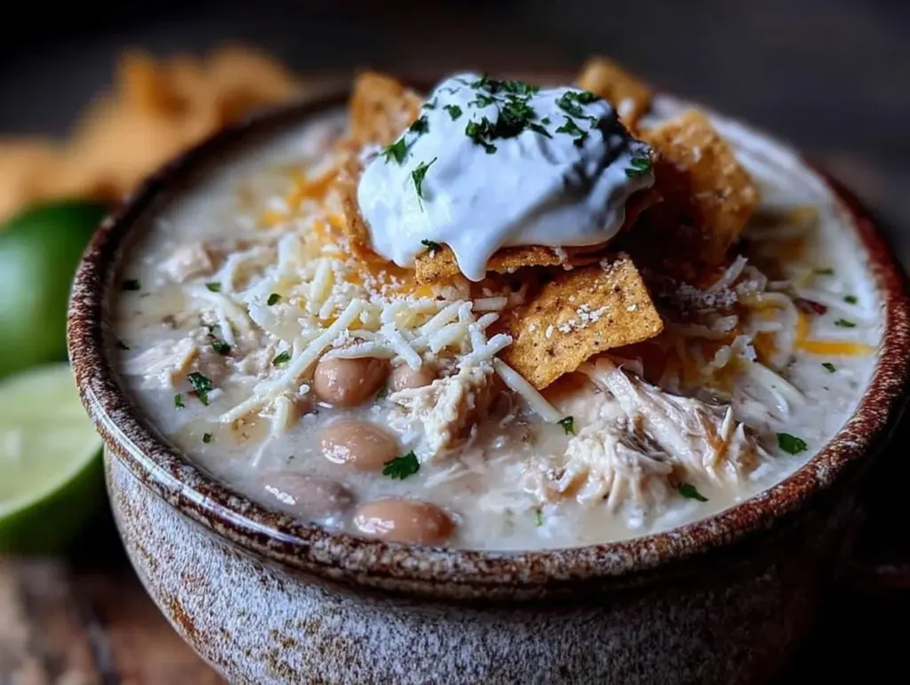 creamy crockpot white chicken chili - featured image