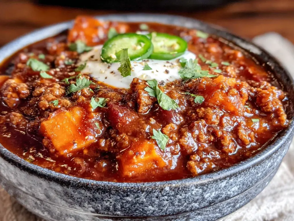 healthy crockpot turkey chili with sweet potato - featured image