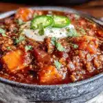 healthy crockpot turkey chili with sweet potato - featured image