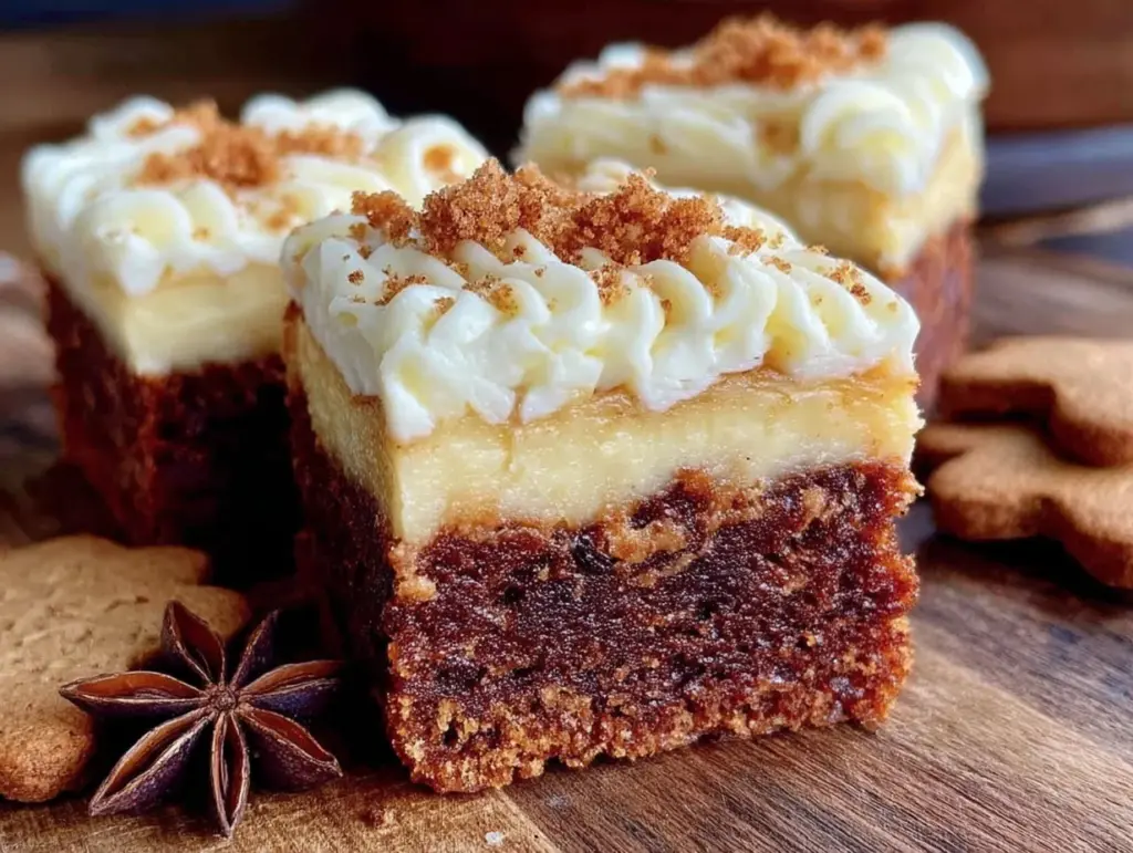 light gingerbread cheesecake bars with cream cheese frosting - featured image