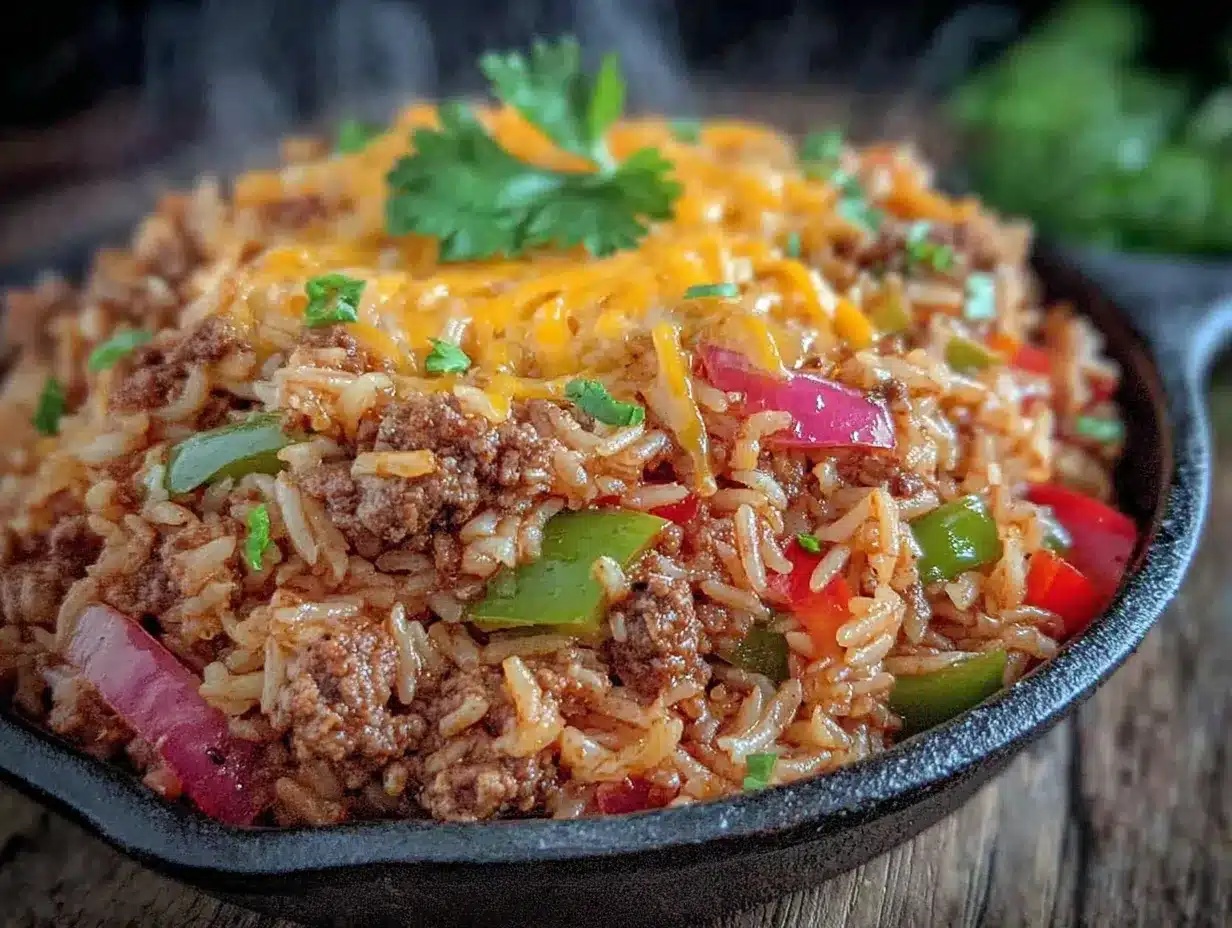 one-pan ground beef and rice skillet preparation steps