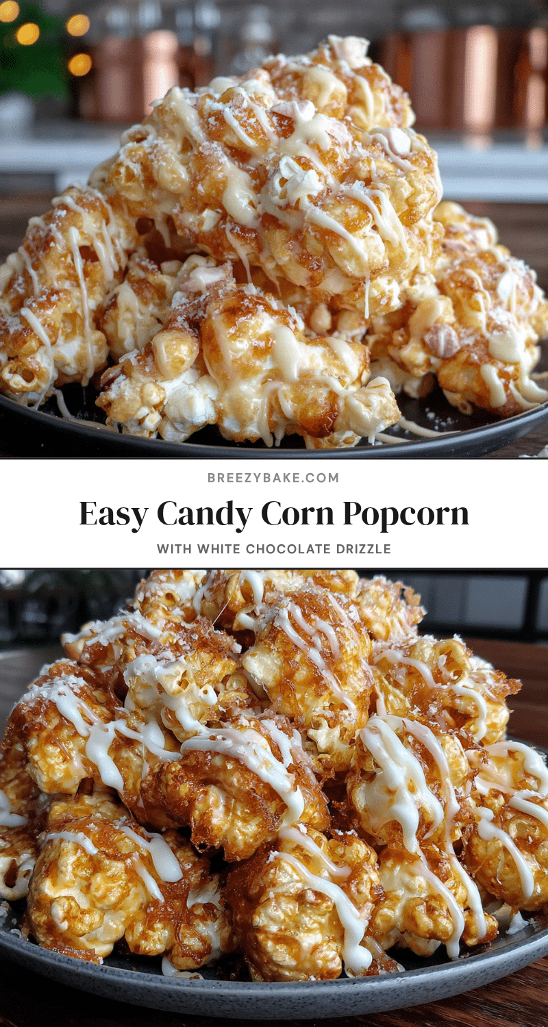 Easy Candy Corn Popcorn with White Chocolate Drizzle recipe